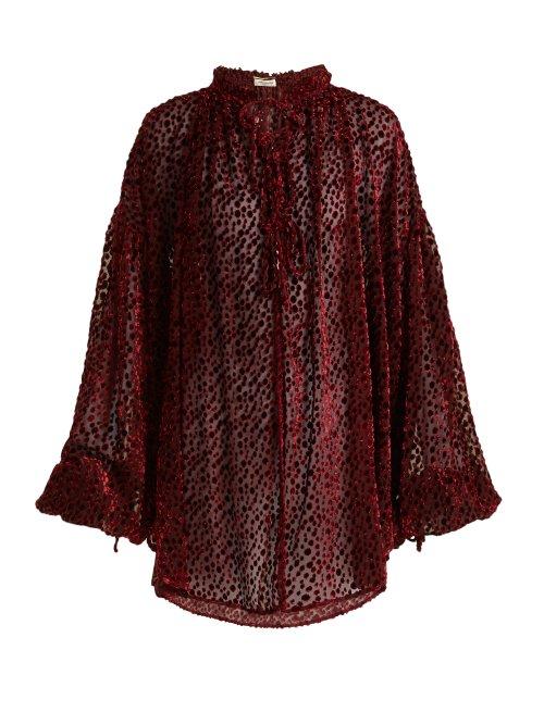 Matchesfashion.com Saint Laurent - Flocked Velvet Polka Dot Peasant Blouse - Womens - Burgundy