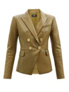 Balmain - Double-breasted Leather Blazer - Womens - Khaki