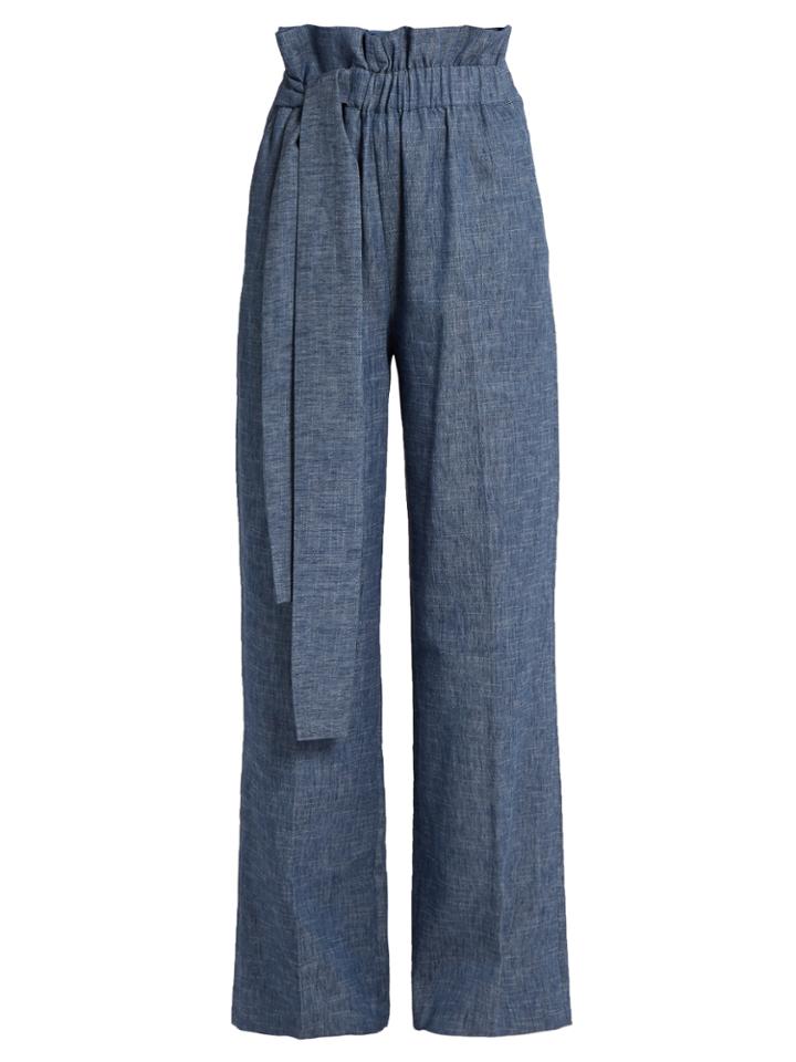 Msgm Chambray Paperbag-waist Wide-leg Trousers
