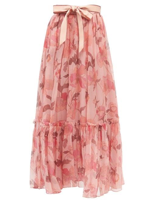 Zimmermann - Concert Floral-print Silk-chiffon Maxi Skirt - Womens - Pink Print