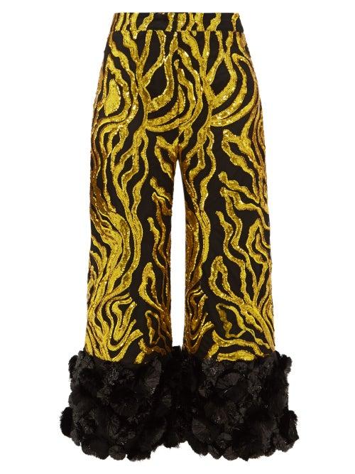 Matchesfashion.com Halpern - Vine Sequinned Appliqu Cuff Trousers - Womens - Gold Multi