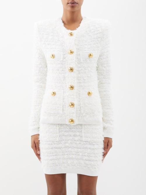 Balmain - Rivet-button Metallic-tweed Cardigan - Womens - White