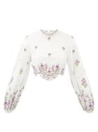 Matchesfashion.com Zimmermann - Poppy Cropped Floral-embroidered Canvas Top - Womens - Yellow Print