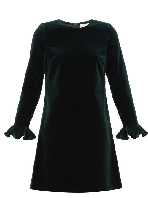 Matchesfashion.com Goat - Isla Flared Cuff Cotton Blend Velvet Dress - Womens - Dark Green