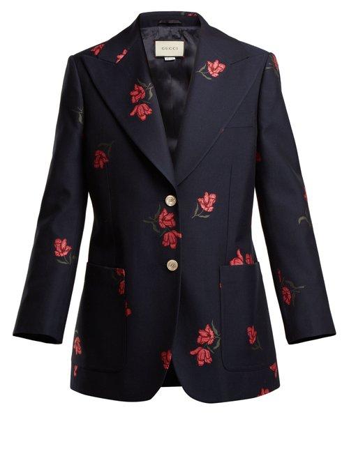 Matchesfashion.com Gucci - Rose Jacquard Cotton Blend Blazer - Womens - Navy Multi