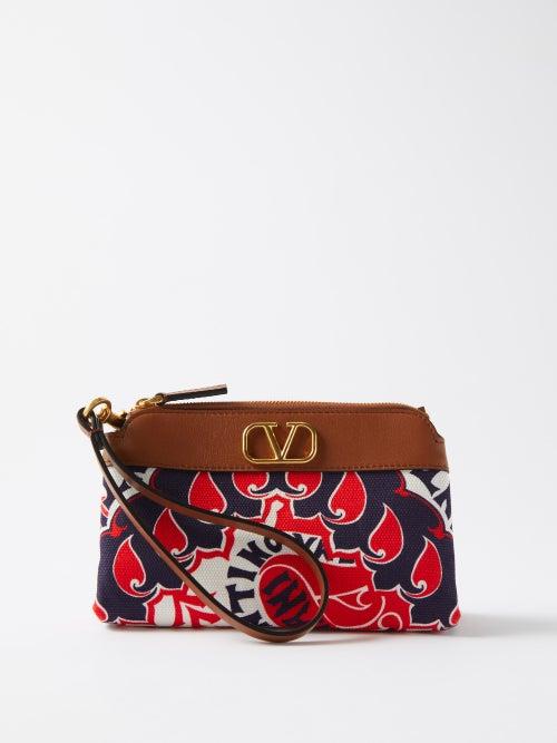 Valentino Garavani - V-logo Bandana-print Leather-trimmed Canvas Pouch - Womens - Red Multi