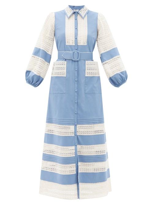 Ladies Rtw Luisa Beccaria - Belted Lace-trimmed Cotton Dress - Womens - Blue White