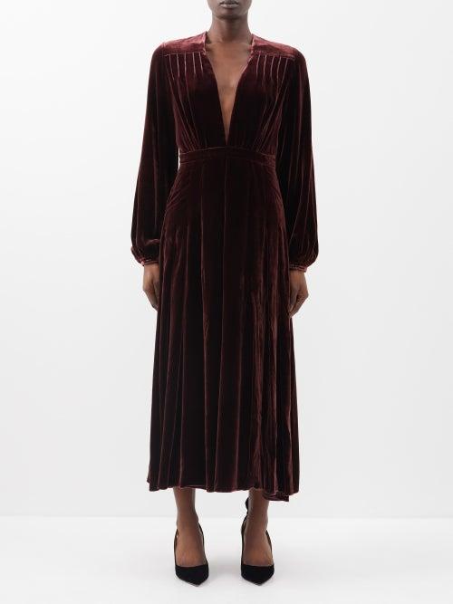 Raquel Diniz - Clara Pintucked Velvet Dress - Womens - Brown Red