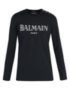 Balmain Button-shoulder Paris Logo T-shirt