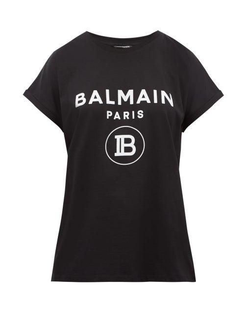 Matchesfashion.com Balmain - Flocked Logo Cotton T Shirt - Womens - Black White