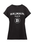 Matchesfashion.com Balmain - Flocked Logo Cotton T Shirt - Womens - Black White