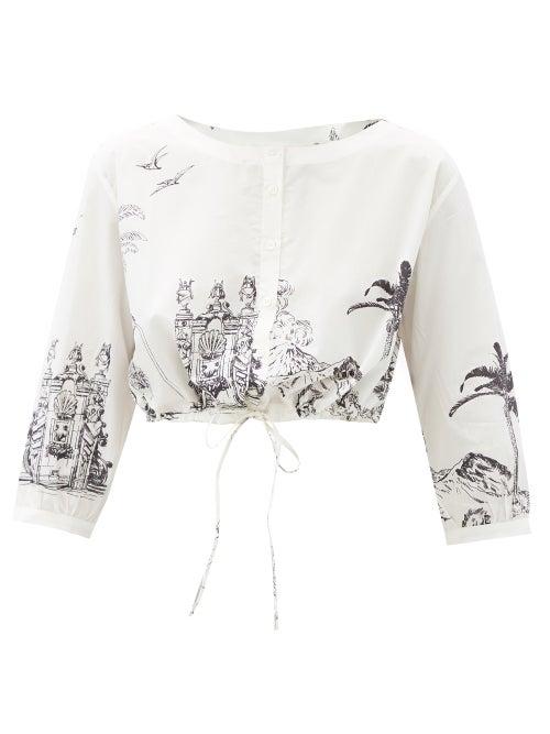 Matchesfashion.com Le Sirenuse, Positano - Jinny Prehistoric Positano-print Cotton Crop Top - Womens - White Print