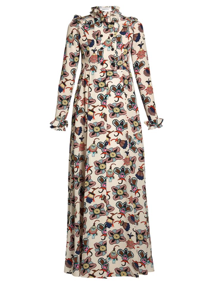 Valentino Floral-print Ruffled-neck Gown