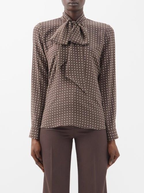 Nili Lotan - Elayne Sash-tie Polka-dot Silk Blouse - Womens - Brown Print
