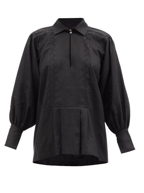 Ladies Beachwear Les Vacances D'irina - Ancestral Zigzag-bib Linen Blouse - Womens - Black