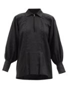 Ladies Beachwear Les Vacances D'irina - Ancestral Zigzag-bib Linen Blouse - Womens - Black
