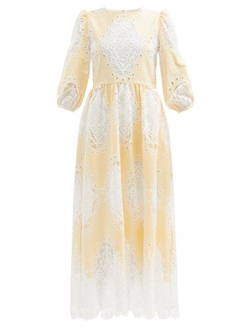 Borgo De Nor - Constance Lace-insert Cotton-blend Midi Dress - Womens - Light Yellow