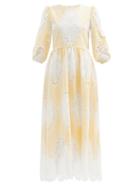 Borgo De Nor - Constance Lace-insert Cotton-blend Midi Dress - Womens - Light Yellow