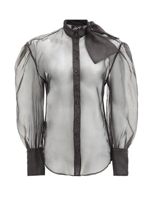 Matchesfashion.com Elzinga - Pussy-bow Puff-sleeved Silk-organza Blouse - Womens - Black