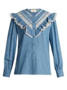Matchesfashion.com Gucci - Lace Trimmed Ruffle Cotton Chambray Blouse - Womens - Light Blue