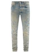 Amiri - Crystal-embellished Distressed Slim-leg Jeans - Mens - Light Blue