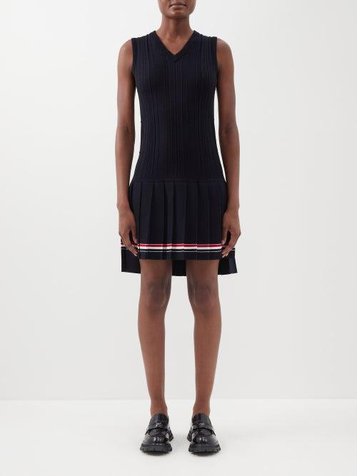 Thom Browne - Pleated Ribbed-knit Cotton Tennis Dress - Womens - Navy