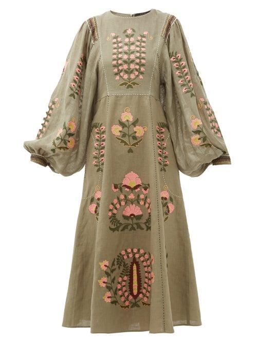 Matchesfashion.com Vita Kin - Patchouli Embroidered-linen Dress - Womens - Green Multi