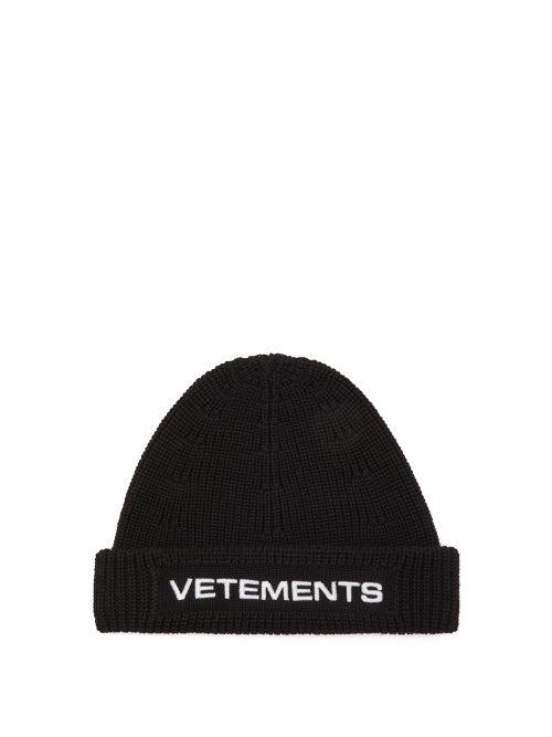 Mens Accessories Vetements - Logo-embroidered Wool Beanie - Mens - Black White
