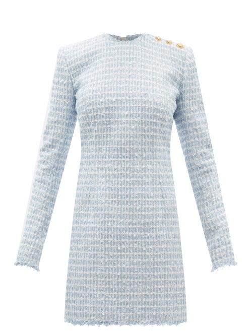 Ladies Rtw Balmain - Check Tweed Mini Dress - Womens - Blue