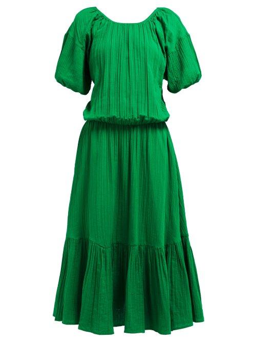Matchesfashion.com Rhode Resort - Frida Puffed Sleeve Tiered Cotton Dress - Womens - Green