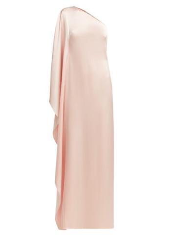 Matchesfashion.com Osman - Oleander Cape Sleeve One Shoulder Satin Gown - Womens - Light Pink