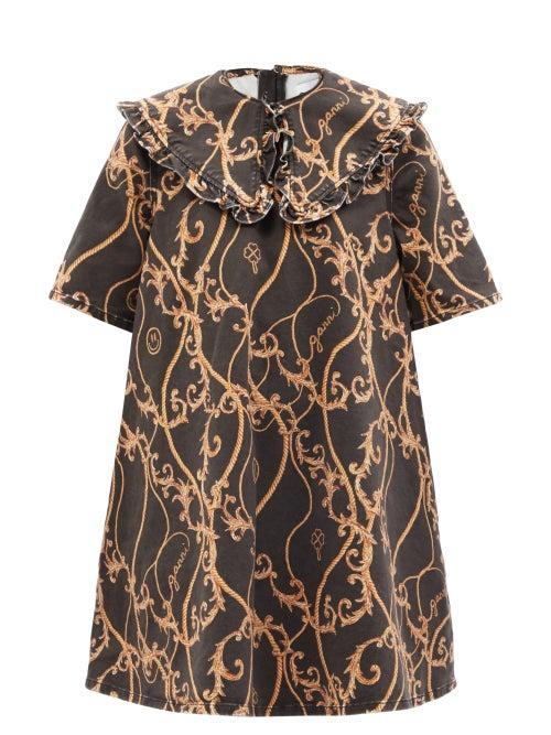 Ganni - Brocade-print Denim Mini Dress - Womens - Black Multi