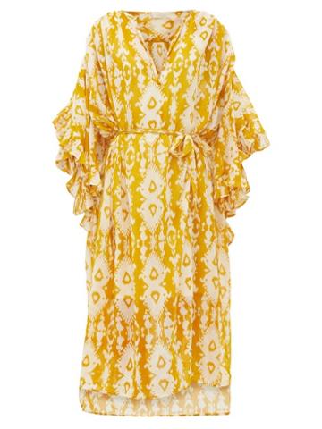Matchesfashion.com Mes Demoiselles - Sybille Bell-sleeve Ikat-print Cotton-voile Dress - Womens - Yellow Print
