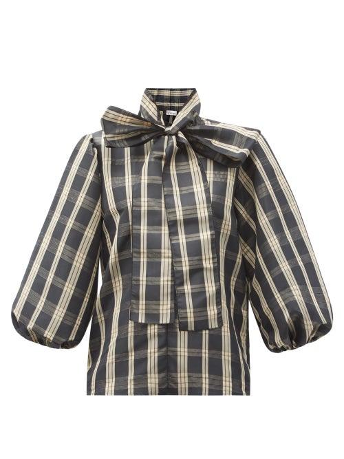 Matchesfashion.com Redvalentino - Pussy-bow Balloon-sleeve Tartan Blouse - Womens - Black Multi