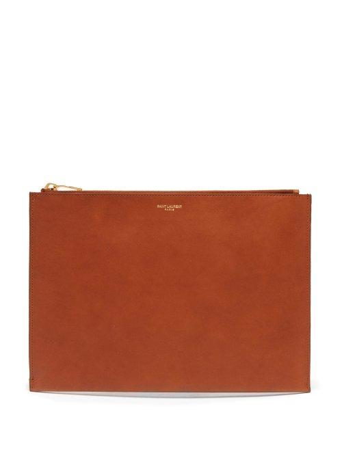 Matchesfashion.com Saint Laurent - Finely Grained Leather Pouch - Mens - Brown