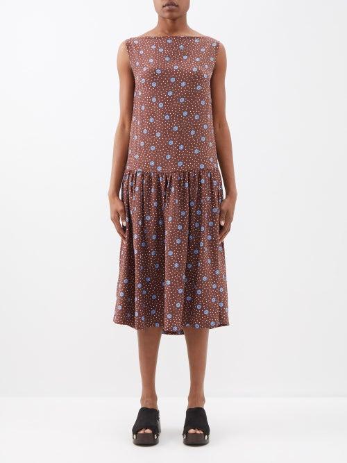 Caro Editions - Heather Floral-print Silk Crepe Midi Dress - Womens - Brown Multi