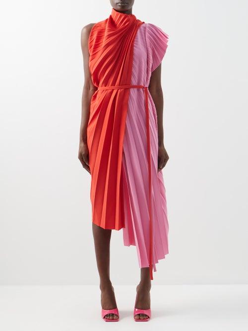 A.w.a.k.e. Mode - Colour-blocked Pleated Crepe Dress - Womens - Pink Red