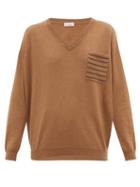 Matchesfashion.com Brunello Cucinelli - Embellished-pocket V-neck Cashmere Sweater - Womens - Brown