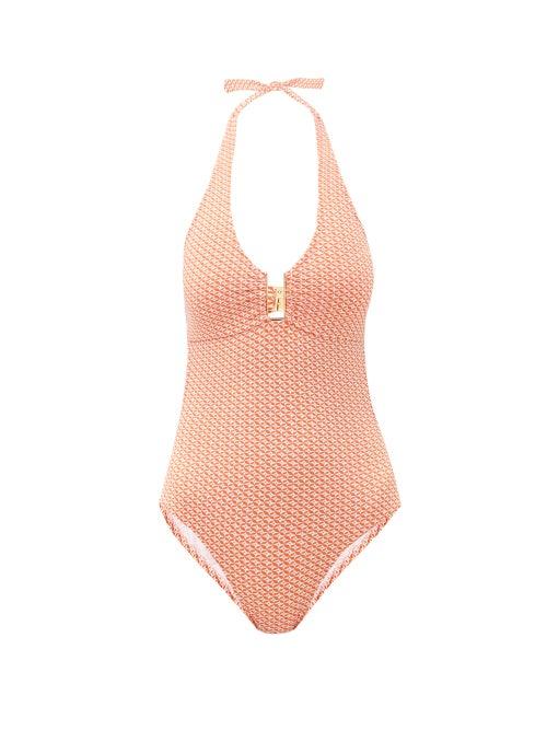 Matchesfashion.com Melissa Odabash - Sahara Tile-print Halterneck Swimsuit - Womens - Light Pink