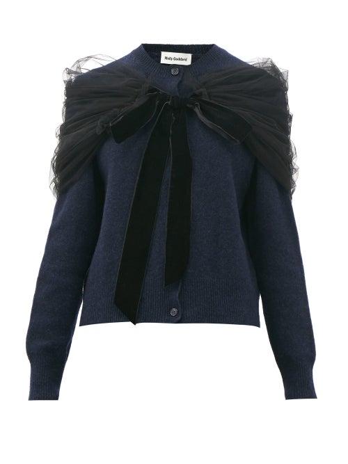 Matchesfashion.com Molly Goddard - Joelle Tulle-shawl Wool Cardigan - Womens - Navy