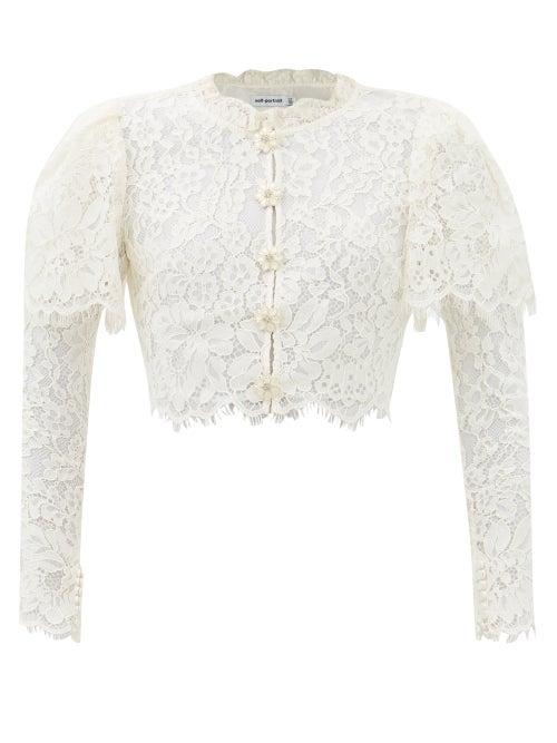 Self-portrait - Cape-sleeve Guipure-lace Cotton-blend Top - Womens - White