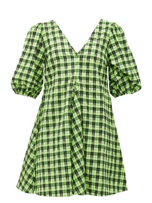 Matchesfashion.com Ganni - Checked Cotton Blend Seersucker Mini Dress - Womens - Black Green