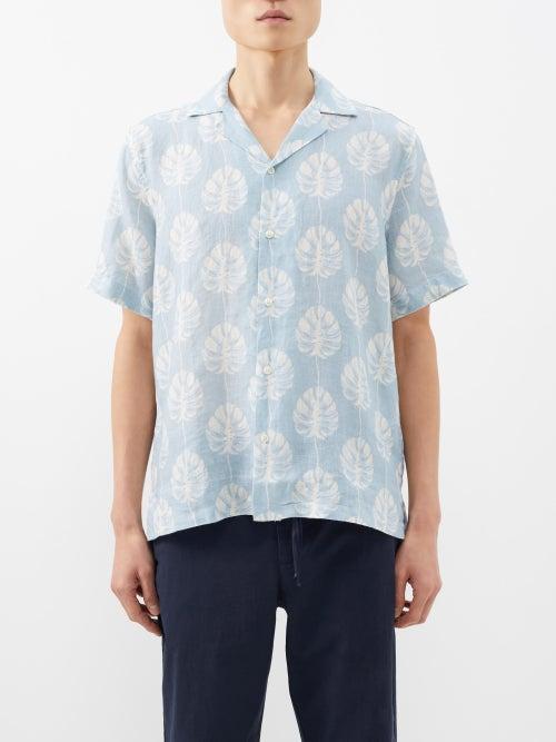 Frescobol Carioca - Roberto Leaf-print Linen Shirt - Mens - Blue
