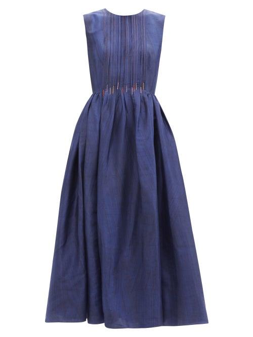 Ladies Rtw Roksanda - Mirena Pintucked Silk-dupion Midi Dress - Womens - Navy
