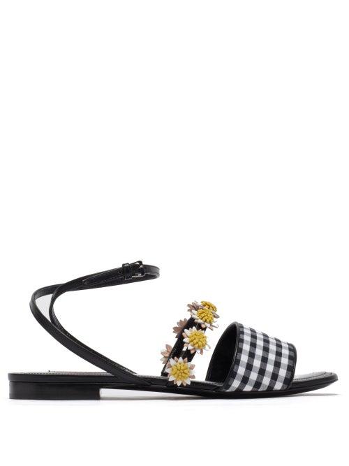 Matchesfashion.com Fabrizio Viti - Bea Floral-appliqu Gingham And Leather Sandals - Womens - Black White
