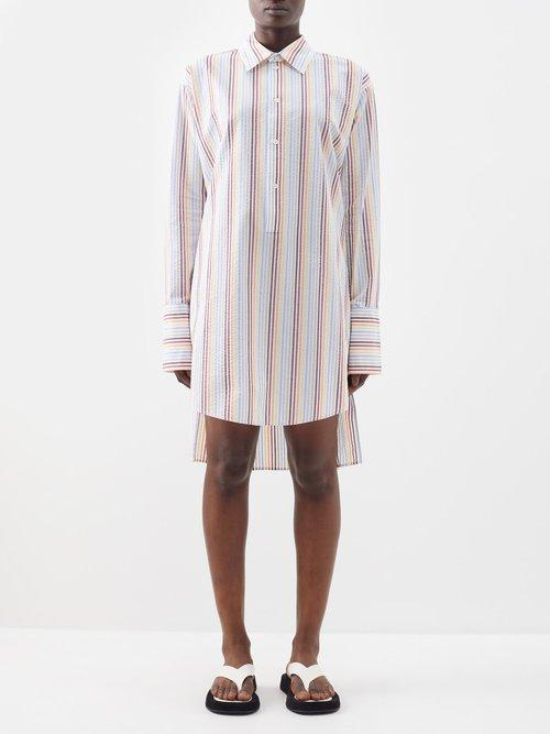 Loewe - Striped Cotton-blend Seersucker Shirt Dress - Womens - Yellow Blue