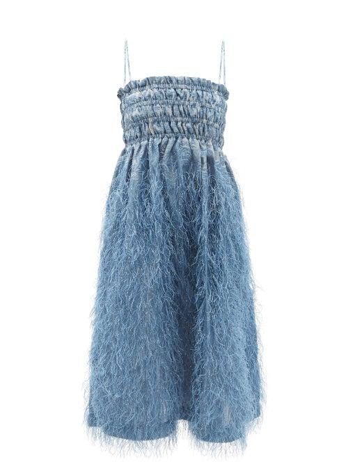 Ladies Rtw Ganni - Feather-trimmed Shirred Brocade Midi Dress - Womens - Mid Blue