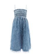 Ladies Rtw Ganni - Feather-trimmed Shirred Brocade Midi Dress - Womens - Mid Blue