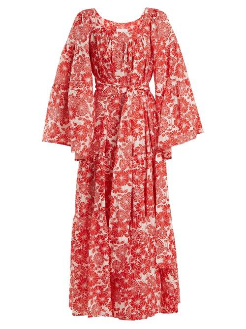 Matchesfashion.com Lisa Marie Fernandez - Peasant Floral Print Linen Dress - Womens - Red Multi