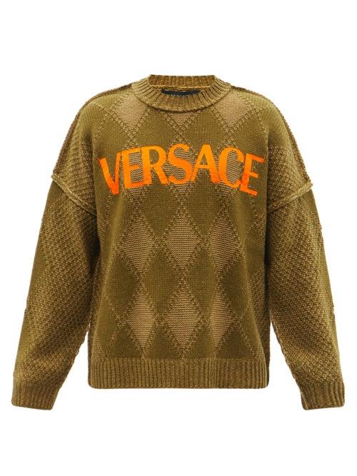 Versace - Logo-print Argyle Wool-blend Sweater - Mens - Khaki